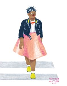 a drawing of a woman in a pink skirt and blue jacket walking across a crosswalk