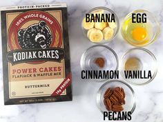 ingredients to make kodia cakes including bananas, cinnamon waffles and pecans