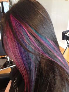 Love Blue Hair Highlights, Peekaboo Highlights, Peekaboo Hair, Rainbow Hair Color, Hair Color And Cut, Colored Hair, Rainbow Hair