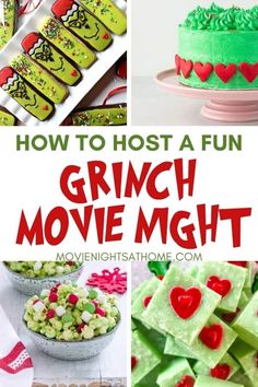 how to host a fun grinch movie night with green and red treats, candy bars, and more