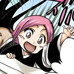 an anime character with pink hair laying on the ground next to another character in black and white