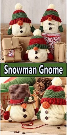 crocheted snowman gnomes with hats and gifts