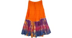 A plus size fresh style ankle length skirt with tiers for a hippie look in a tangy orange color that catches everyone's attention on the street. Rock the gypsy look with this ultra cool skirt. On the lower half of this skirt, beautiful tie-dye work is done in chic prismatic colors of purple, pink and blue that mix and match with each other perfectly and the bottom half of the skirt is very full of fabric for a graceful fall. A blend of three colors with a contrasting orange makes this skirt even Orange Bohemian Skirt For Summer, Orange Tiered Skirt For Spring, Casual Orange Tiered Skirt Bottoms, Casual Orange Tiered Skirt, Orange Maxi Skirt For Summer, Orange Tiered Maxi Skirt For Vacation, Orange Tiered Maxi Skirt For Spring, Orange Flowy Tiered Skirt, Orange Tiered Flowy Skirt