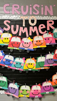 a bulletin board that says cruisein'to summer with colorful paper cutouts on it