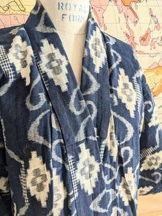 "Beautiful, handmade textile Hand sewn Chest 44\" Length 51\" Wear and fading consist with the age of the garment" Traditional Indigo Cotton Kimono, Traditional Cotton Kimono With Ikat Print, Traditional Cotton Ikat Print Kimono, Indigo Clothing, Ethnic Clothes, Dressing Gowns, Ethnic Outfits, Handmade Textiles, Japanese Textiles