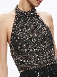 Jael Embellished Halter Neck Maxi Gown In Black/multi | Alice And Olivia Embellished Halter Neck Dress For Formal Occasions, Formal Embellished Halter Neck Dress, Glamorous Embellished Halter Dress For Formal Occasions, Embellished Halter Neck Maxi Dress For Prom, Backless Embellished Maxi Dress For Prom, Prom Backless Embellished Maxi Dress, Glamorous Embellished Halter Neck Maxi Dress, Tie Neck Halter Dress, Maxi Gown