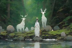 a woman standing in the middle of a forest next to some white deer and trees