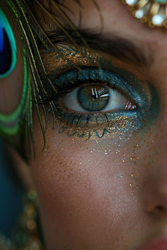 Peacock Feather Eyeshadow Ideas For Hindu Occasions Blue Eye Makeup For Concert, Peacock Blue Makeup, Teal Fairy Makeup, Peacock Halloween Makeup, Green Blue Eyes Makeup, Turquoise And Gold Makeup, Peacock Eyeshadow Looks, Jungle Makeup Ideas, Peacock Inspired Makeup