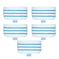 five blue and white striped wristbands with labels on them, set of four