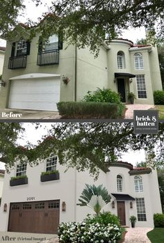 before and after shots of a house with white stucco, green shutters and brown garage doors