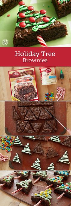 chocolate brownies decorated with holiday trees and candy canes