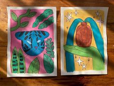 two paintings on paper with leaves and a cat in the middle one has a blue face