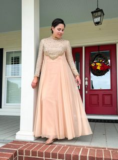 This is a rare find! It is in pristine condition. The dress is very flattering with an empire waist that comes to a v shape in the front and back. The bodice and sleeves are covered in silver sequins and beads and outlined with gold beads. The flowing blush chiffon skirt is softly gathered at the sides and back. The maker is Victoria Royal Ltd made in British Crown Colony and has a size 14 tag. Sleeves have a zipper at the wrist. Please use the measurements below when determining fit. I do not accept returns or exchanges.  Length: 55" Bust: 40" Sleeve length: 21 1/2 " Sleeve opening at wrist: 8" Don't hesitate to contact me if you have any questions! I Empire Waist Prom Season Evening Dress, Wedding Evening Dress With Pleated Bodice, Vintage Long Sleeve Gown For Banquet, Empire Waist Formal Dress For Prom Season, Empire Waist Evening Dress For Prom Season, Formal Empire Waist Evening Dress For Prom Season, Long Sleeve Gown With Pleated Bodice For Gala, Long Sleeve Evening Dress With Pleated Bodice For Gala, Prom Season Empire Waist Evening Dress