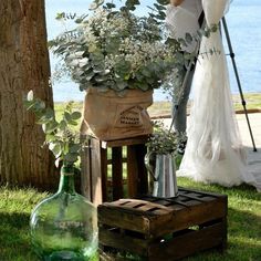 a couple of vases sitting on top of a wooden crate next to a tree