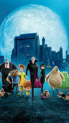 the addams movie poster with many characters in front of a full moon sky and castle