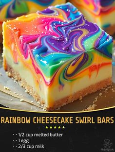 the rainbow cheesecake swirl bars are ready to be eaten for breakfast or desserts