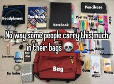 the contents of a backpack are laid out on top of each other, including pens and pencils