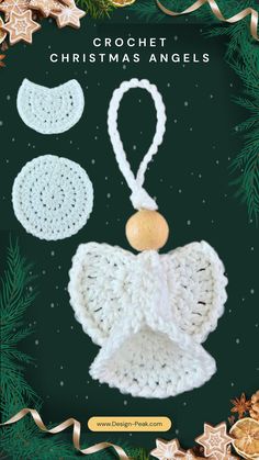 crochet christmas angel ornament pattern on green background with gold and white decorations