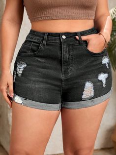 Plus Size Ripped Cuffed Hem Denim Shorts Black    Denim Plain Straight Leg Medium Stretch  Women Plus Clothing, size features are:Bust: ,Length: ,Sleeve Length: Plus Size Denim Shorts, Plus Size Denim, Fleece Tights, Black Jean, Plus Size Shorts, Short En Jean, Wearing Clothes, Plus Size Jeans, Kids Beachwear