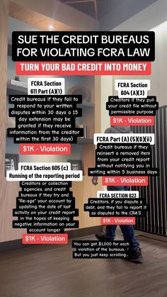 a poster with the words, sue the credit bureaus for violationing cra law