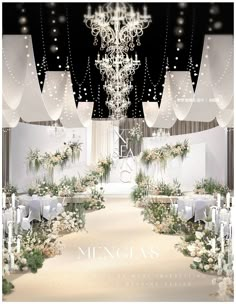 a wedding ceremony setup with chandelier and flowers