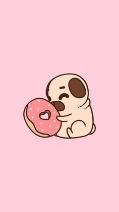 a dog holding a doughnut in its mouth on a pink background with the words donuts