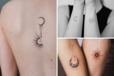 three different pictures with sun and moon tattoos on them