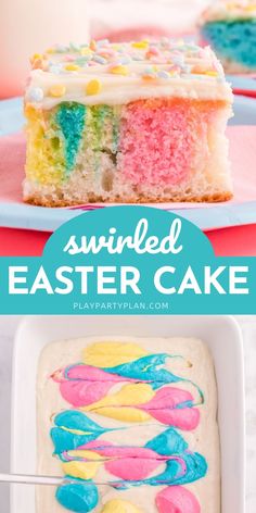 the cake is decorated with colored icing and has a spoon in it to eat