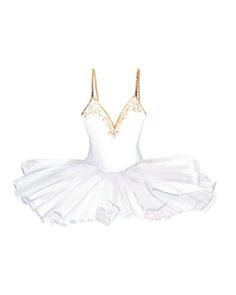 a white ballet leotard with gold trimmings on the top and bottom