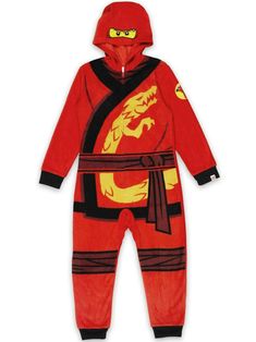 a child's red ninja suit with black trims and yellow dragon on the chest