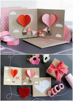 valentine's day card made with paper hearts and ribbons, tied to brown envelopes