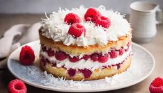 a cake with white frosting and raspberries on top is sitting on a plate