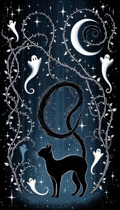 a black and white cat sitting in the middle of a night sky with ghost cats around it