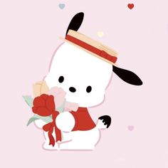 a white bear holding a bouquet of flowers on top of a pink background with hearts