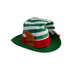 a green and white striped hat with a red bow on the brimmed top