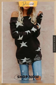 Jacquard Five-pointed Star Pullover Long P12397 Office Sweater, Pullover Mode, Baggy Style, Clothing Trends, Lace Jumpsuit, Winter Pullover, Star Sweater, Five Pointed Star, Teen Clothing