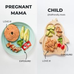 two plates with different foods on them and the words pregnant mama next to each plate