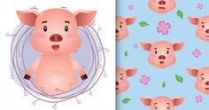 a cartoon pig with different facial expressions on it's face and in front of a blue background