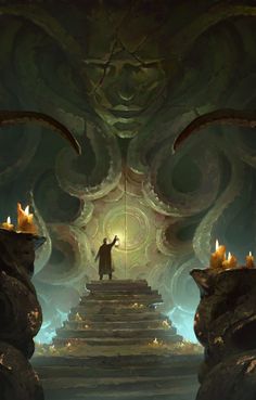 a man standing on top of a set of steps in front of a giant demon