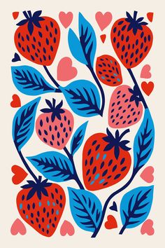 an illustration of strawberries and hearts on a white background