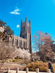 a person sitting on a bench in front of a cathedral