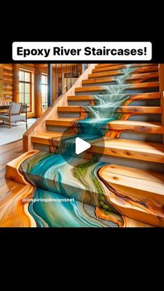 the stairs are painted with different colors and designs on them, as well as text that reads epoxy river staircases