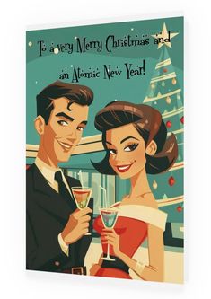 a christmas card with a couple holding champagne glasses and the words merry christmas and an alotine new year