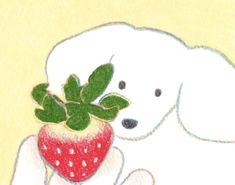 a drawing of a dog holding a strawberry