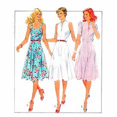 "1980s Dress Sewing Pattern:  View 1 bodice is bias cut, has built up neckline and short sleeves gathered at head.  View 2 has built up neckline and cut in armholes.  View 3 has sun top with shoulder straps.  All views have full four gored bias skirt and center back zipper. Size 8  Bust: 31.5\" (80 cm) Waist: 24\" (61 cm) Hips: 33.5\" (85 cm) Neatly cut, complete,  Copyright 1980 Rest assured I check all patterns for completeness before listing them. Standard size patterns are delivered in a resealable plastic sleeve. McCall's and oversize patterns are plastic-wrapped to protect them from the elements during shipping. Click here to see other 80s patterns: http://www.etsy.com/shop/HoneymoonBus/search?search_query=80s&search_type=user_shop_ttt_id_6079301&shopname=HoneymoonBus Click here to s Built Up Neckline, Bias Skirt, Skirt Sewing Pattern, Skirt Sewing, Vintage Dress Patterns, 1980s Dresses, Motif Vintage, Skirt Patterns Sewing, Sewing Skirts