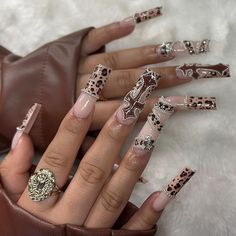 Brown Fall Acrylic Nails, Brown Y2k Nails, Ongles Y2k, Fall Bling Nails, Cheetah Acrylic Nails, College Nails, Poppin Nails, Bday Nails, Custom Nails