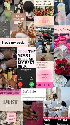 the collage shows many different types of items and words in pink, white, black and