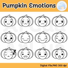 pumpkin emoticions with different facial expressions and the words, digital file png