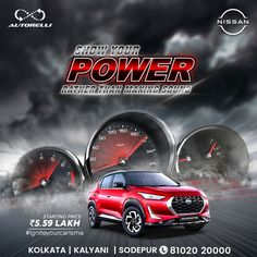 an advertisement for the upcoming car show, featuring two red suvs and three speedometers