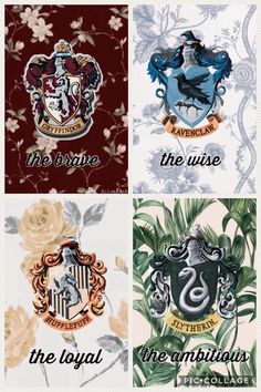 four harry potter crests are shown in three different colors